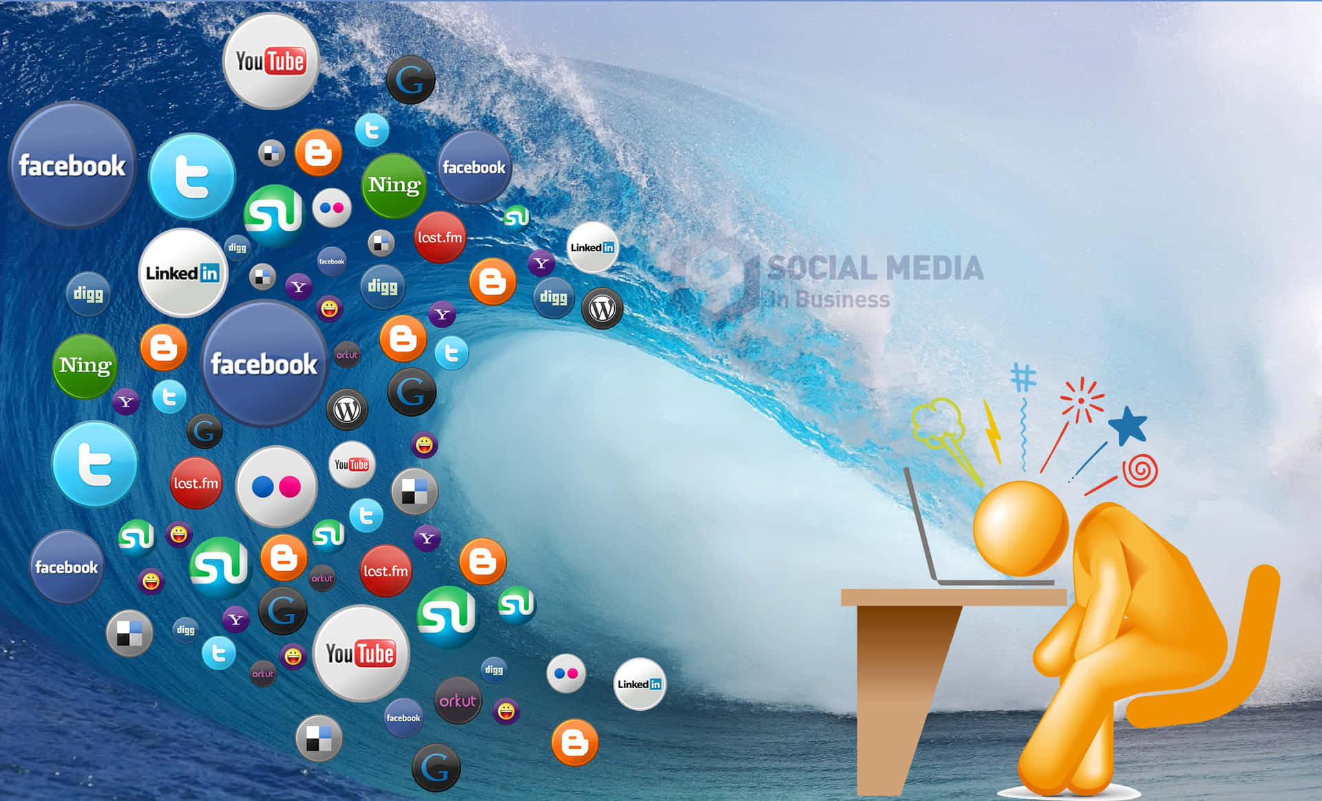 Social Media Marketing - A Person Sitting At A Desk With Many Social Media Icons