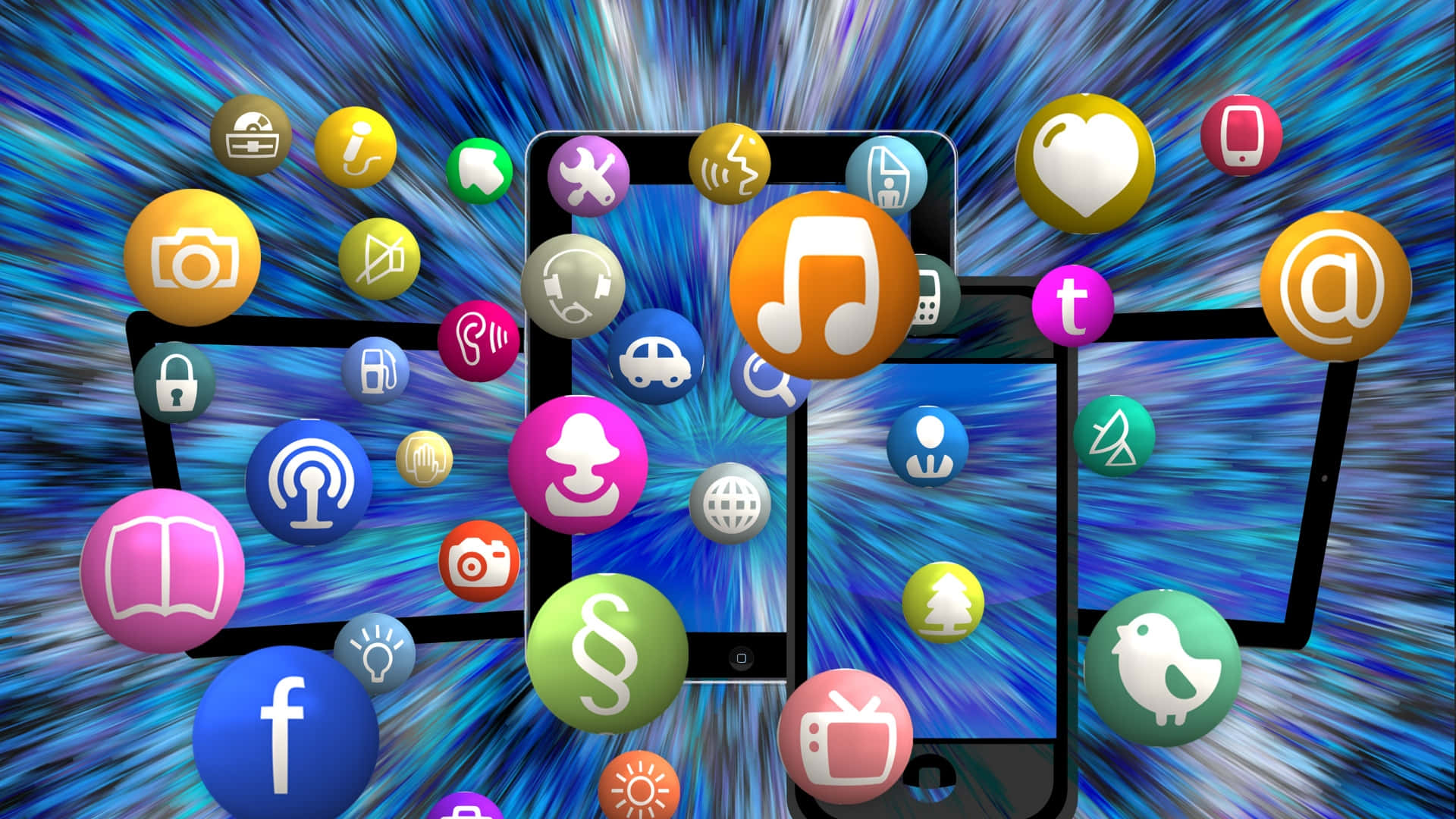 A Blurry Image Of Many Mobile Phones With Social Icons