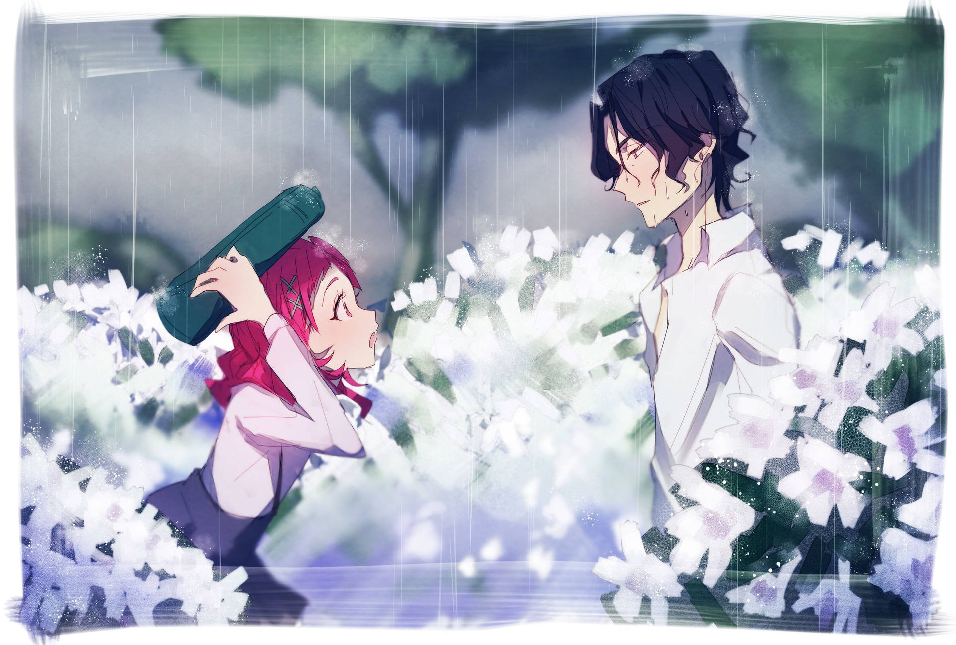 Sød Anime Par I Regnen Wallpaper