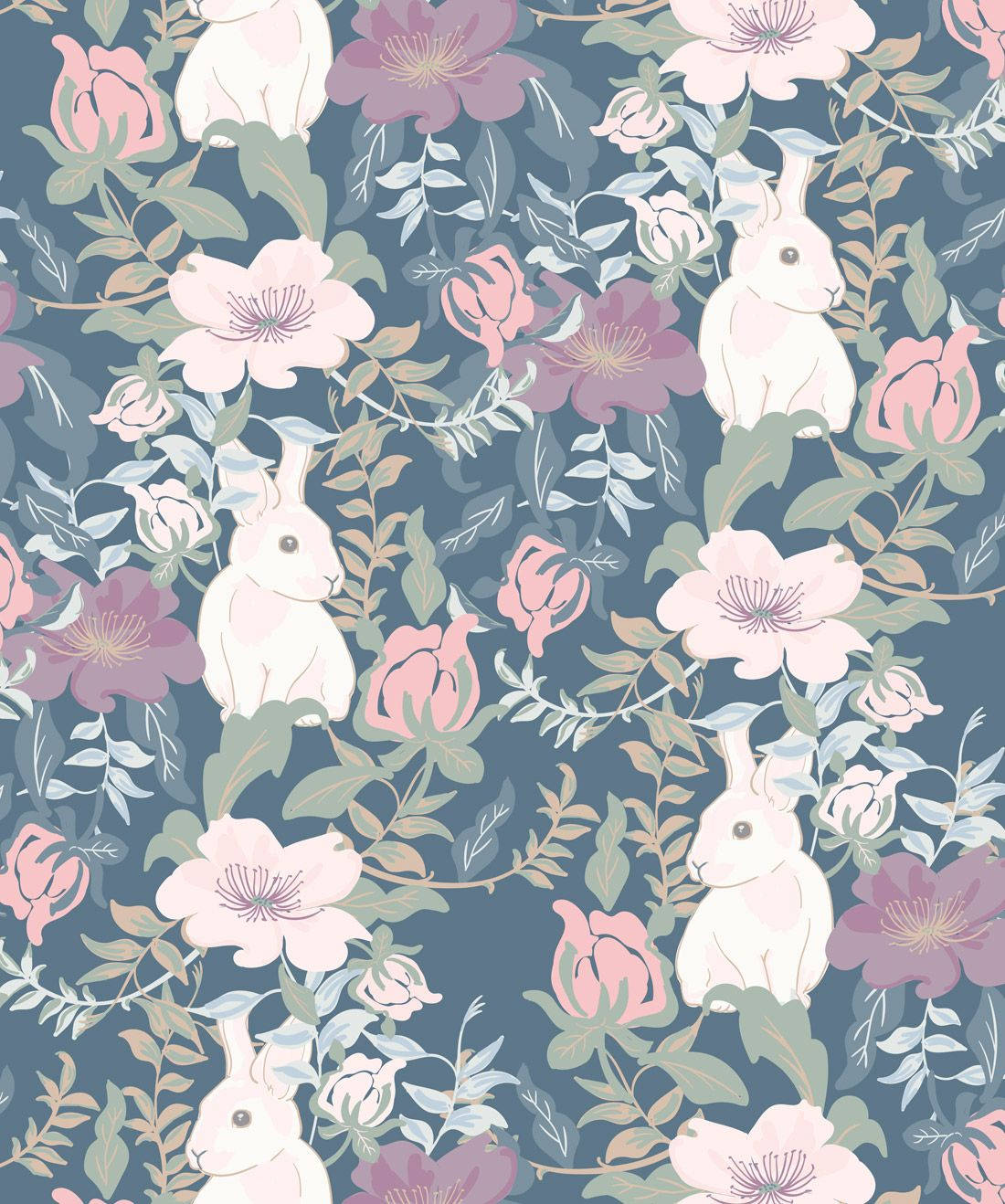 Sød Bunny På Blomstret Design Wallpaper