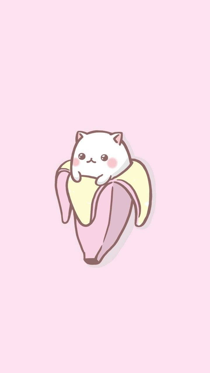 Sød Kawaii Kat Pink Banan løber over væggen. Wallpaper