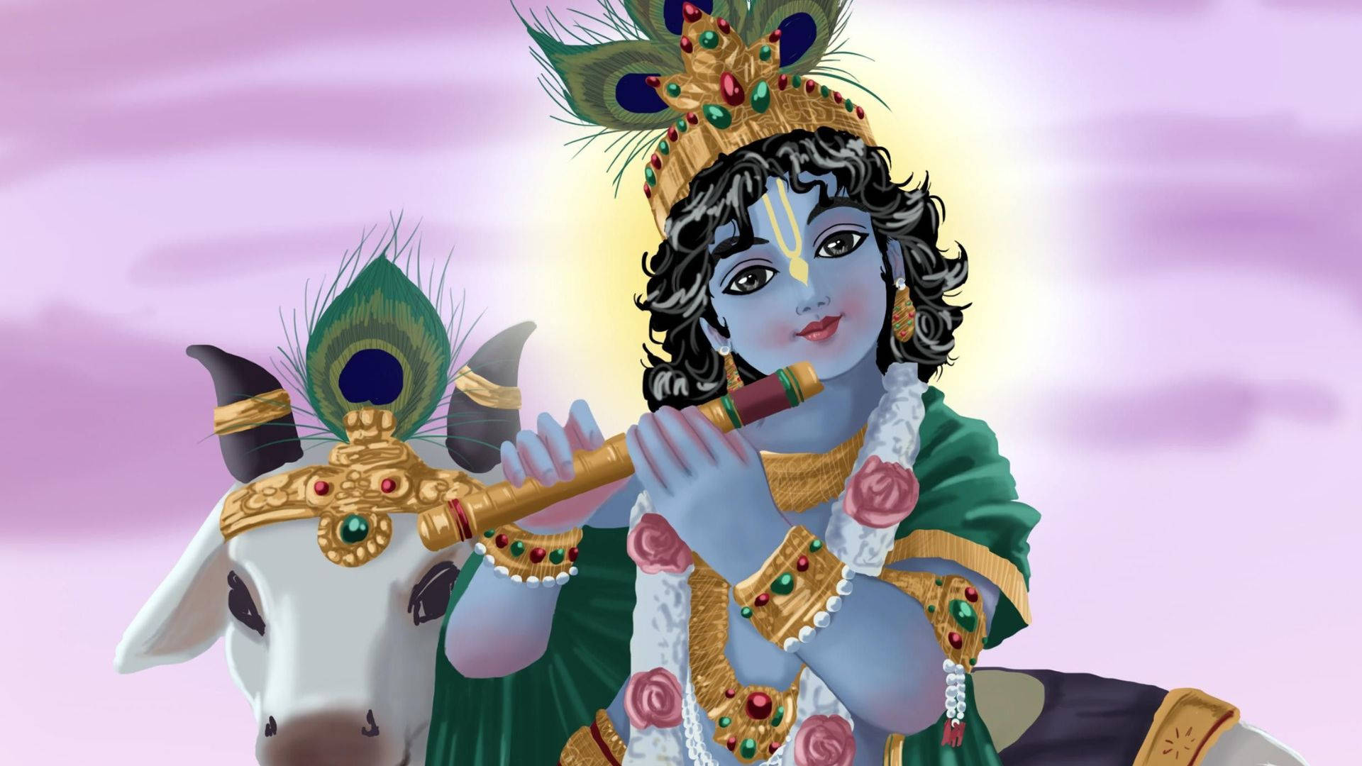Sød Krishna Med Et Lam Wallpaper