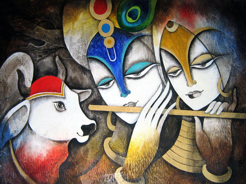 Sød Radha Krishna Paint Art Wallpaper