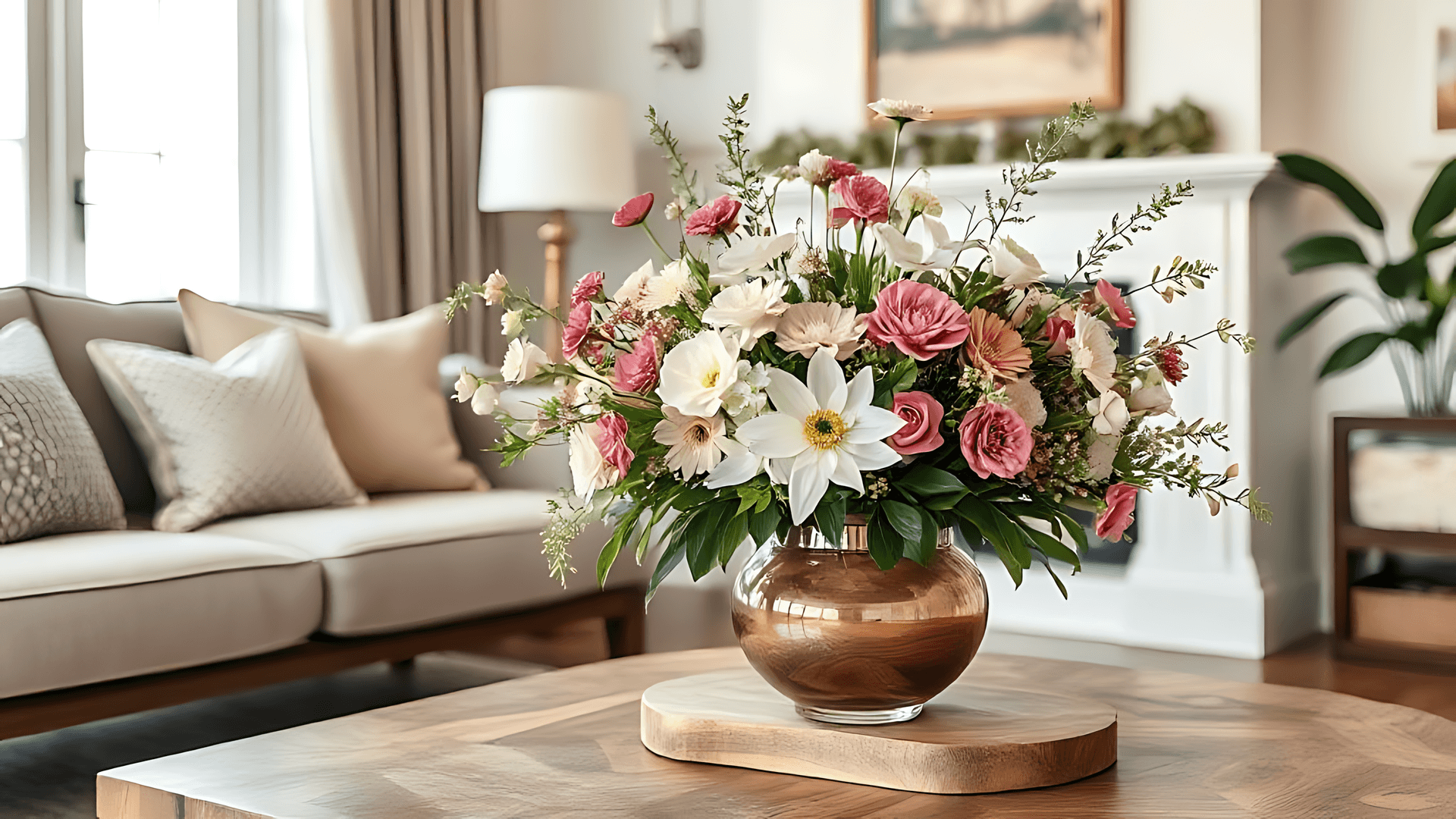 Sofa And Coffee Table With Flower Centerpiece Wallpaper