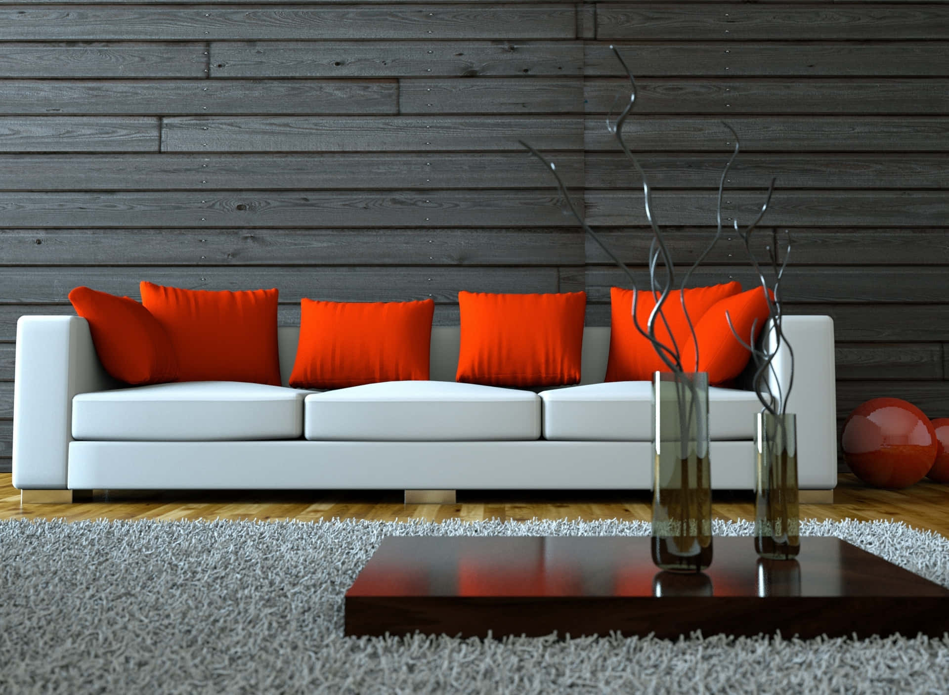 Hvid sofa med orange pudebillede tapet