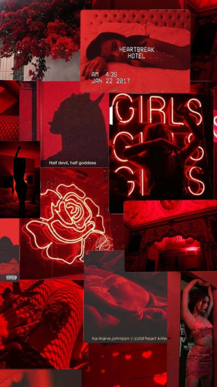 En collage af røde billeder med en pige i midten Wallpaper
