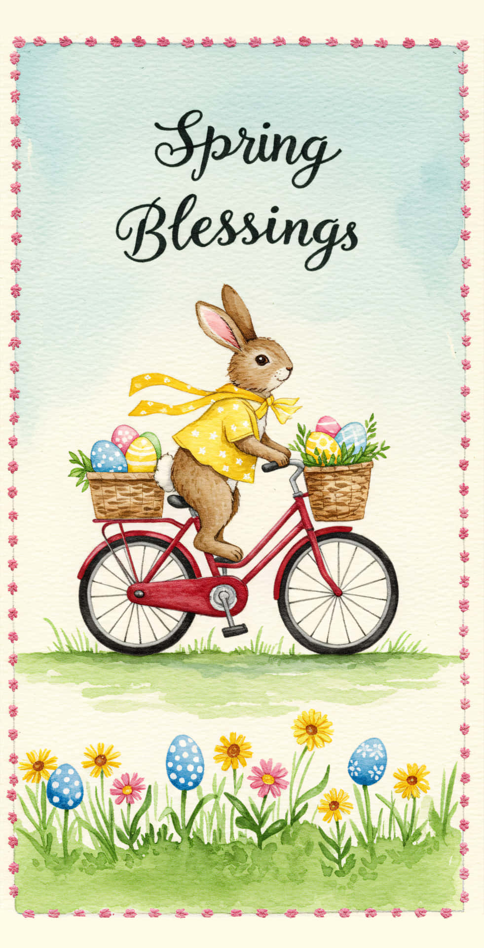 Soft Retro Postcard With A Bunny Riding A Red Bike Delivering Eggs And A Spring Blessings Note Wallpaper