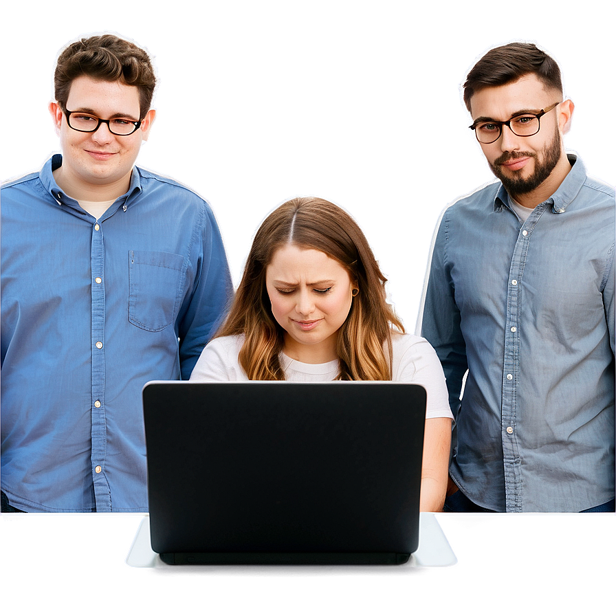 Software Developers PNG 9 PNG — Two men with smug expressions flank a frustrated woman hunched over a laptop.