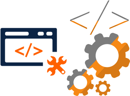 Software Development Concepts PNG — A dark blue browser window with orange code brackets surrounded by orange wrench and gray orange gears.