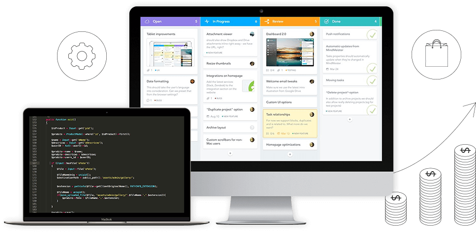 Beberapa layar menampilkan editor kode, aplikasi manajemen proyek dengan tugas, dan ikon database, mewakili alur kerja pengembangan perangkat lunak.