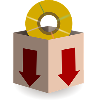 Software Download Icon PNG — A beige box with two red arrows pointing down contains a golden CD disc on top.