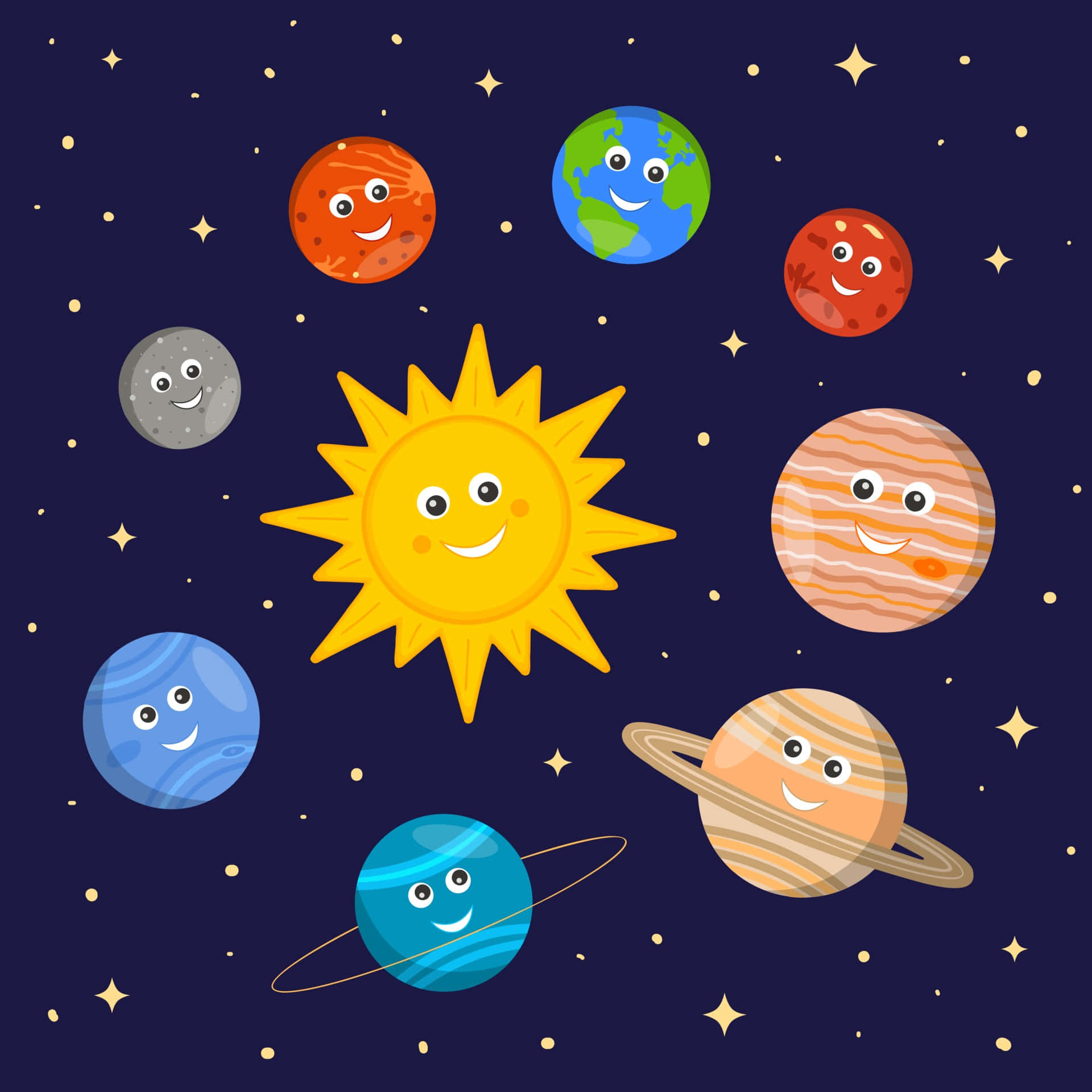 Tegneserieplaneter og sol i Solsystembillede Dansk Tapet