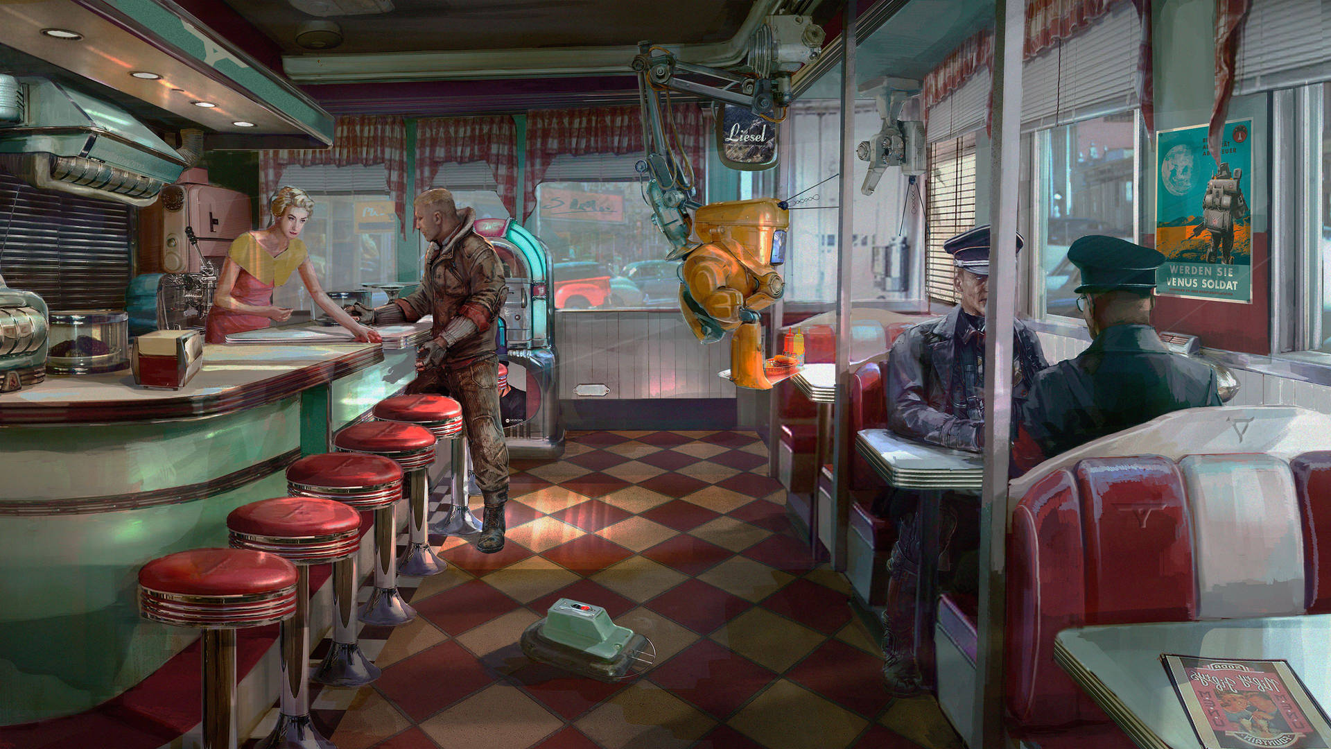Soldiers At 50s Diner Wallpaper
