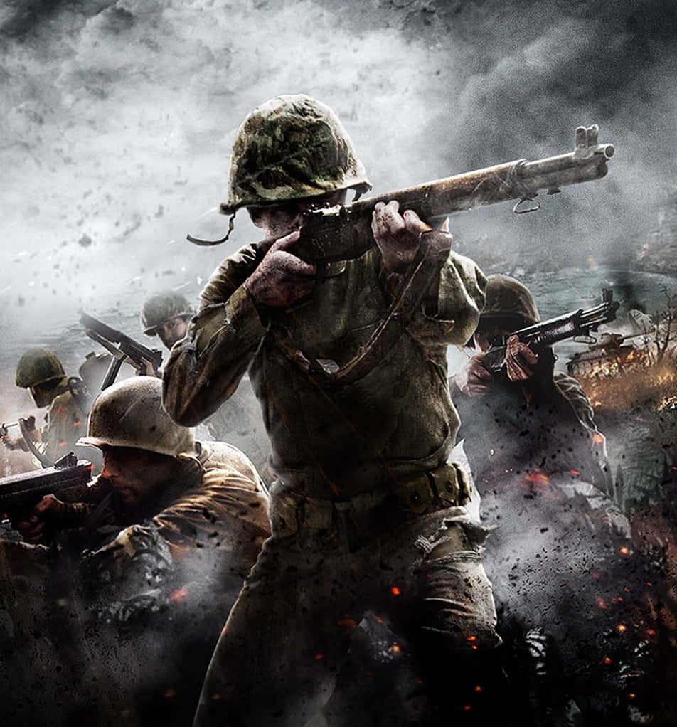 Soldiers Marching Amidst A Ww2 Battlefield Scene Wallpaper