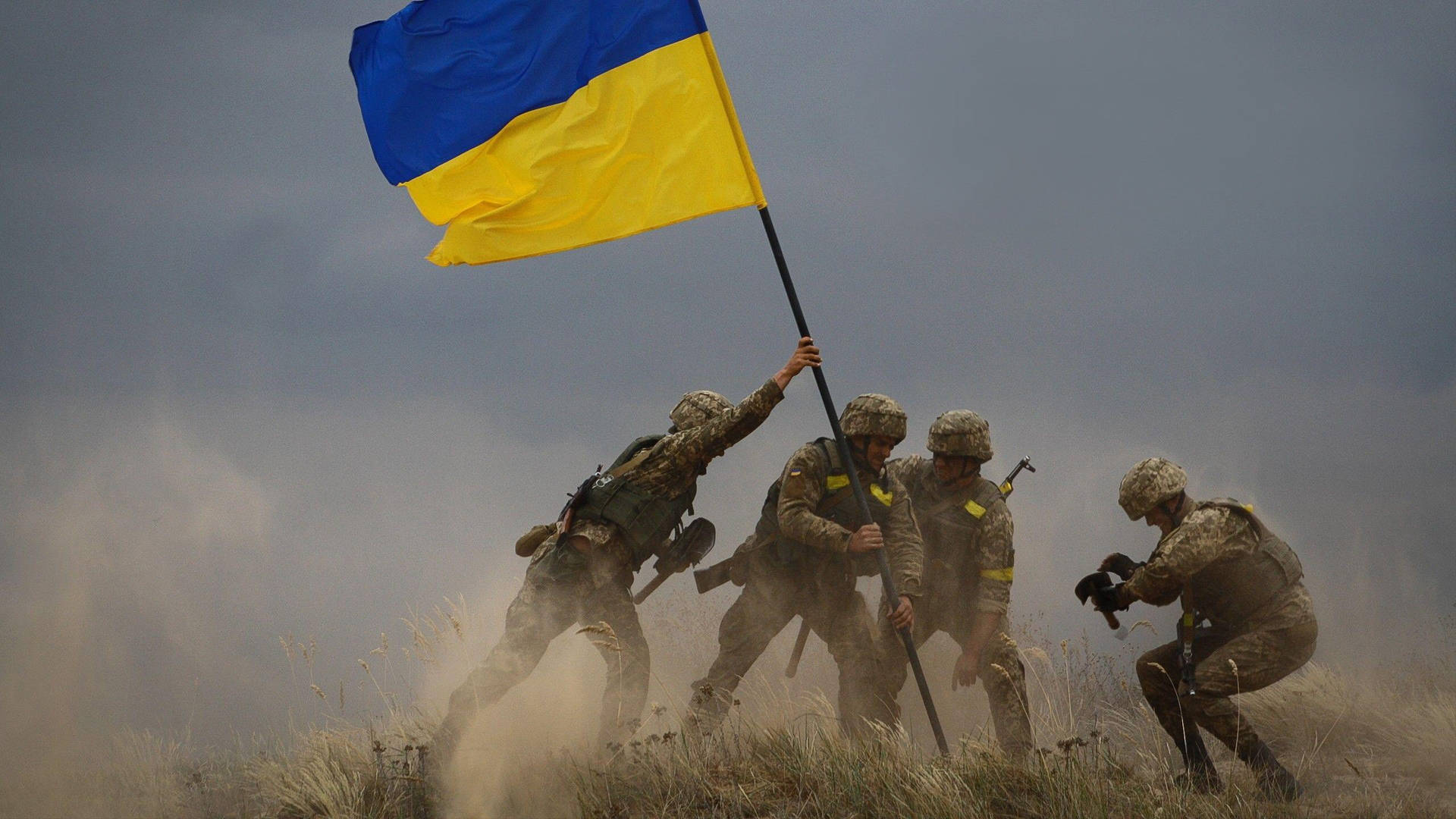 Soldiers Raising The Ukraine Flag Background
