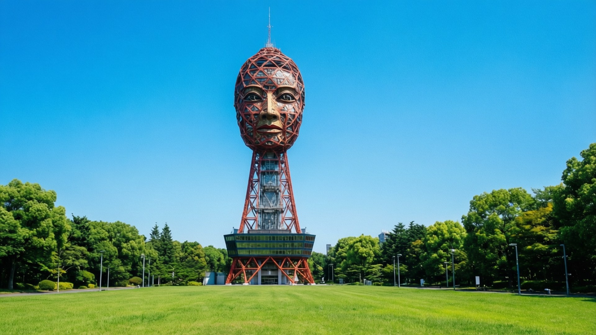 Tower of the Sun Wallpaper — A towering red lattice structure topped with a giant face stands in a vast green park under a clear blue sky.