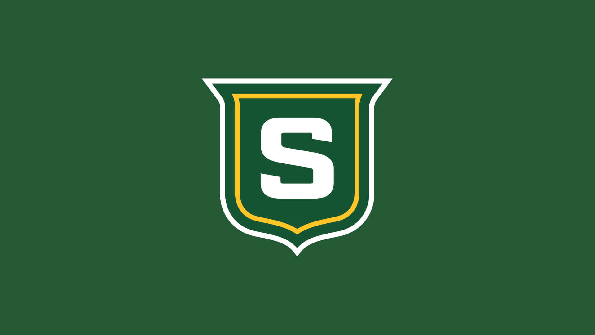 Solid green patterned texture Background — A bold white letter S in a shield emblem with yellow trim centered on a solid dark green background.