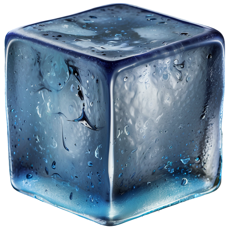 Solid Ice Cube PNG sid PNG — A translucent blue ice cube glistens with condensation droplets as water drips down its crystalline surface.