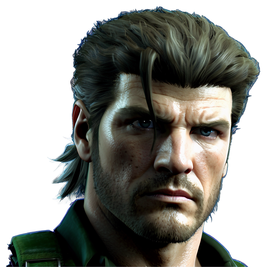 solid snake a PNG — Close-up of a rugged man with tousled brown hair and intense blue eyes wearing a green collar shirt.