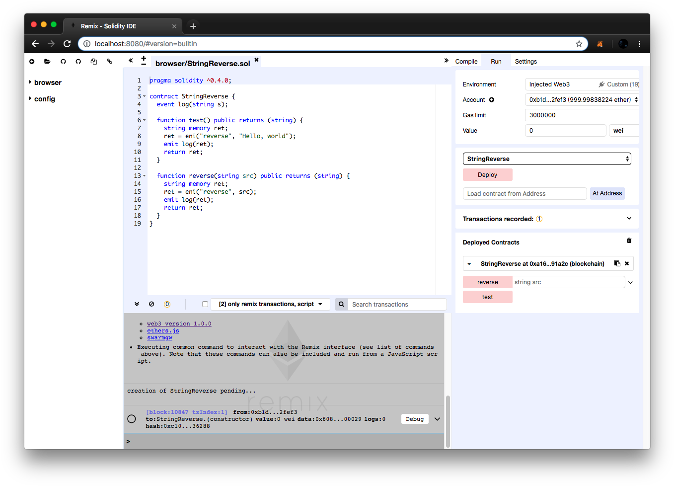 Solidity I D E Code Screenshot PNG — A computer screen displays the Remix IDE with Solidity code for a string reversal contract and deployment interface.