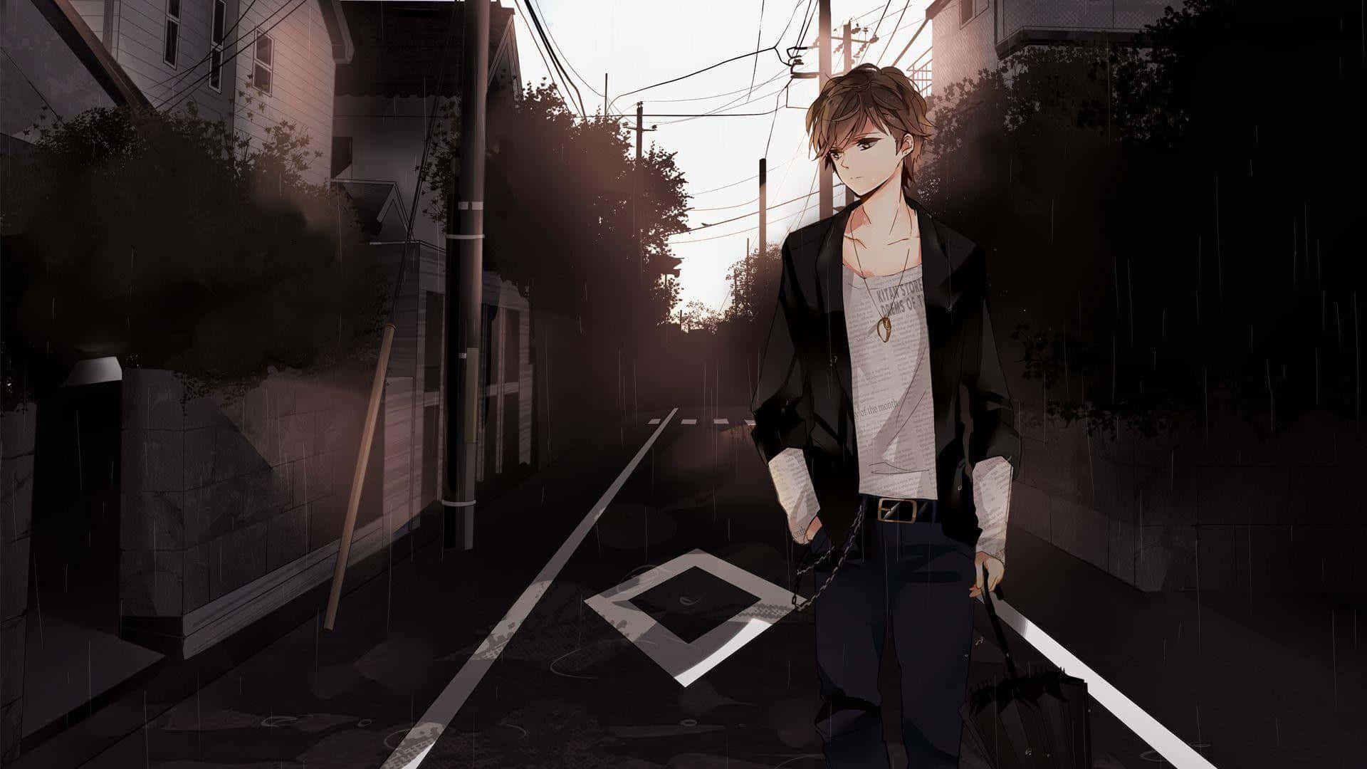 Solitary_ Anime_ Boy_in_ Rainy_ Town Wallpaper