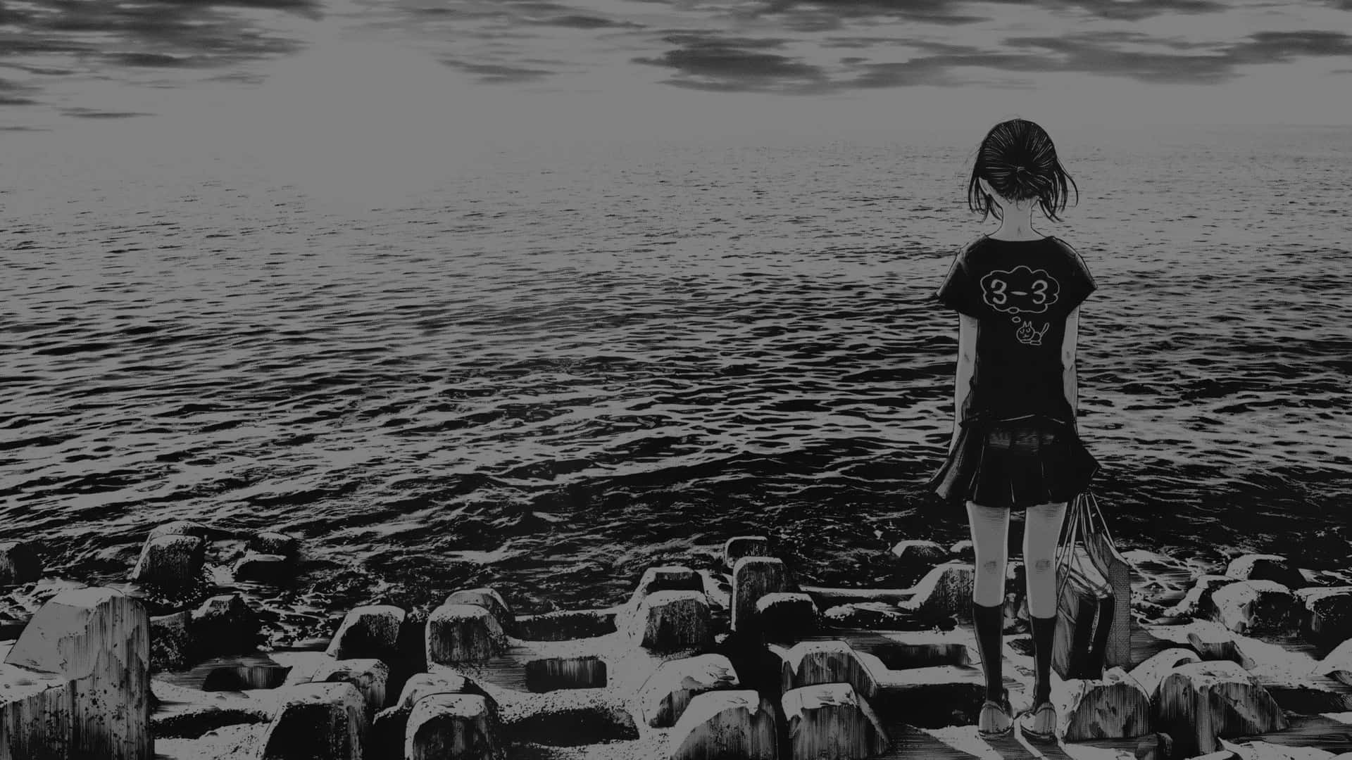 Solitary Anime Girl Seaside Monochrome Wallpaper