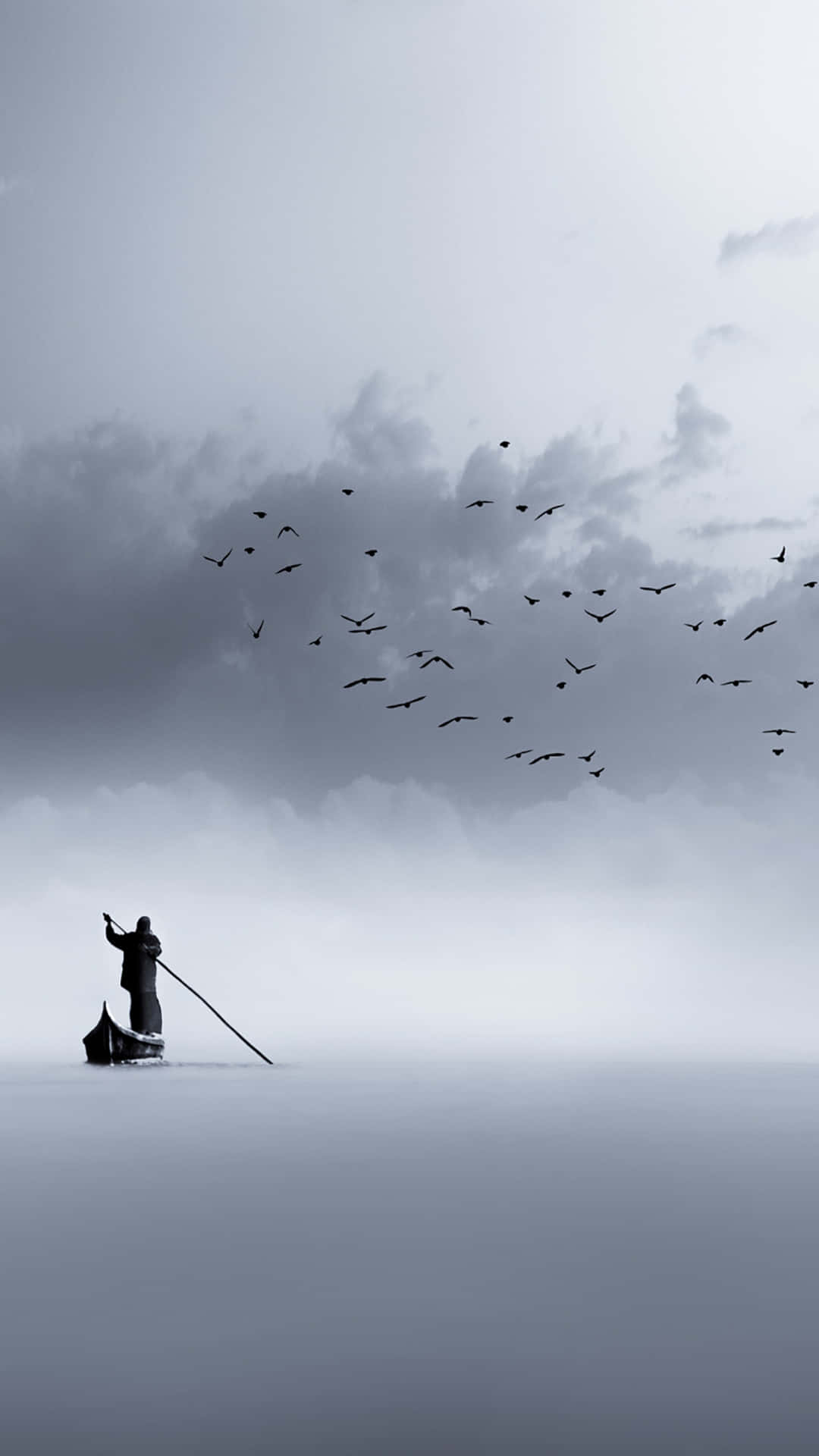 Solitary Boatman Under Gathering Birds.jpg Achtergrond