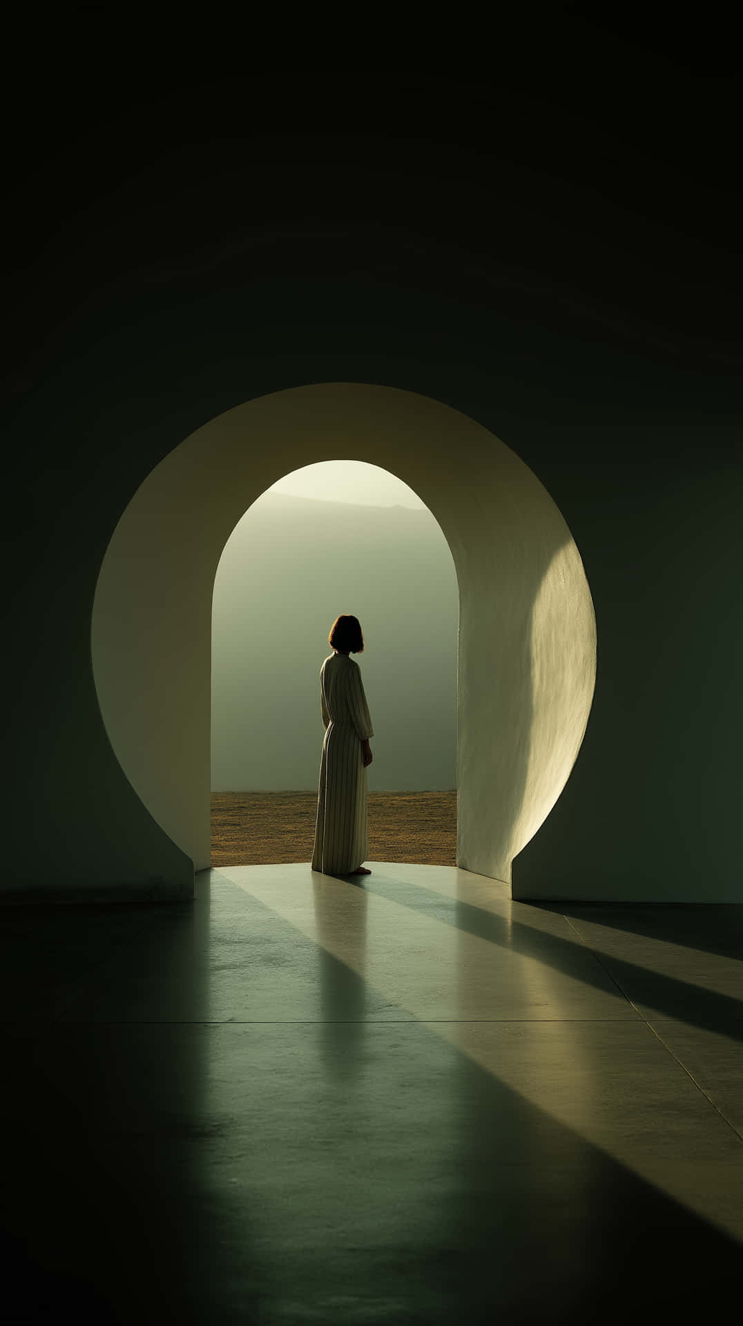 Solitary Figure In Glowing Archway Over Misty Water At Sunset Wallpaper