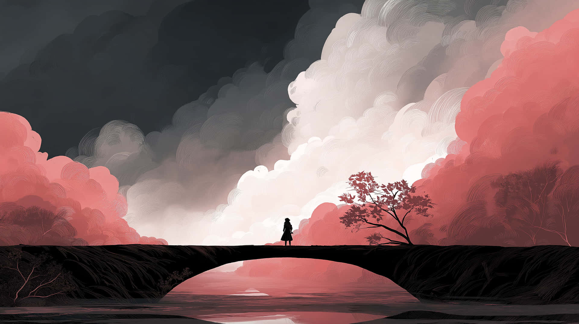 Solitary Figure On Bridge Beneath Dramatic Expansive Sky Wallpaper