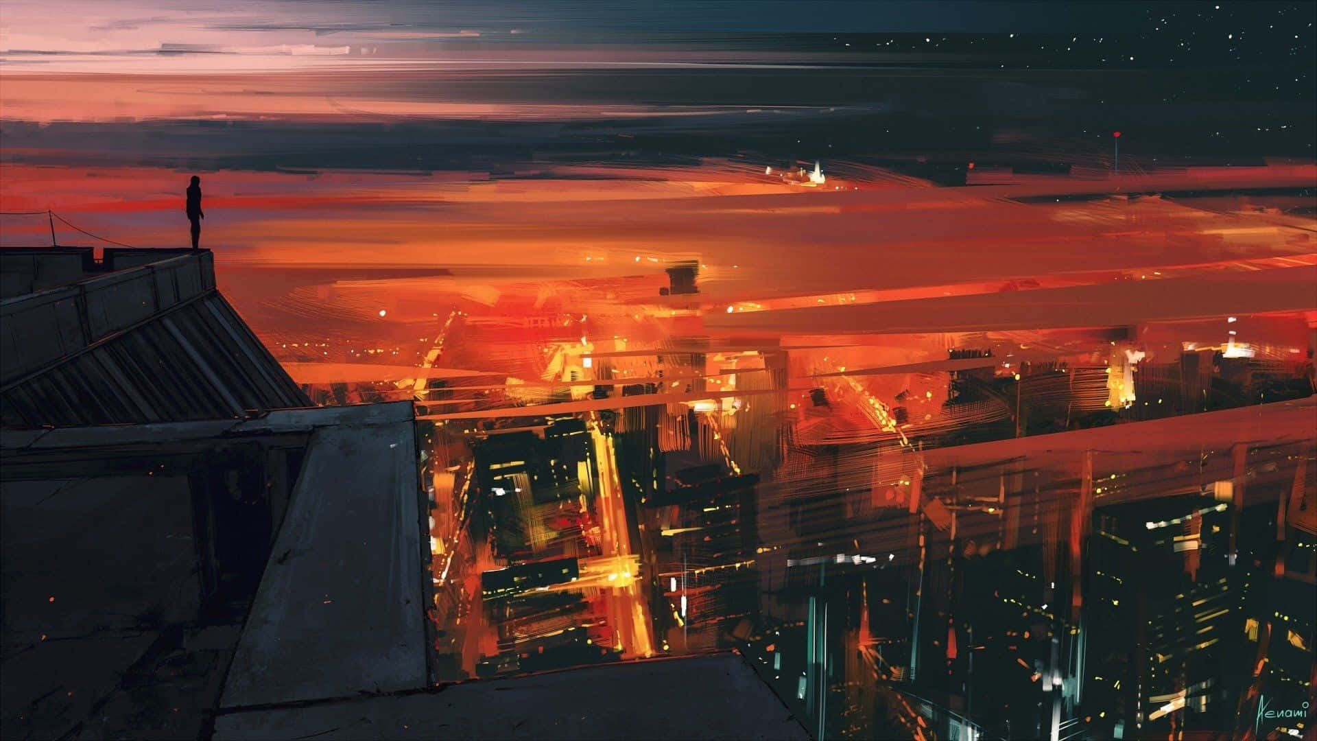 Solitary_ Figure_ Overlooking_ Neon_ Cityscape Wallpaper