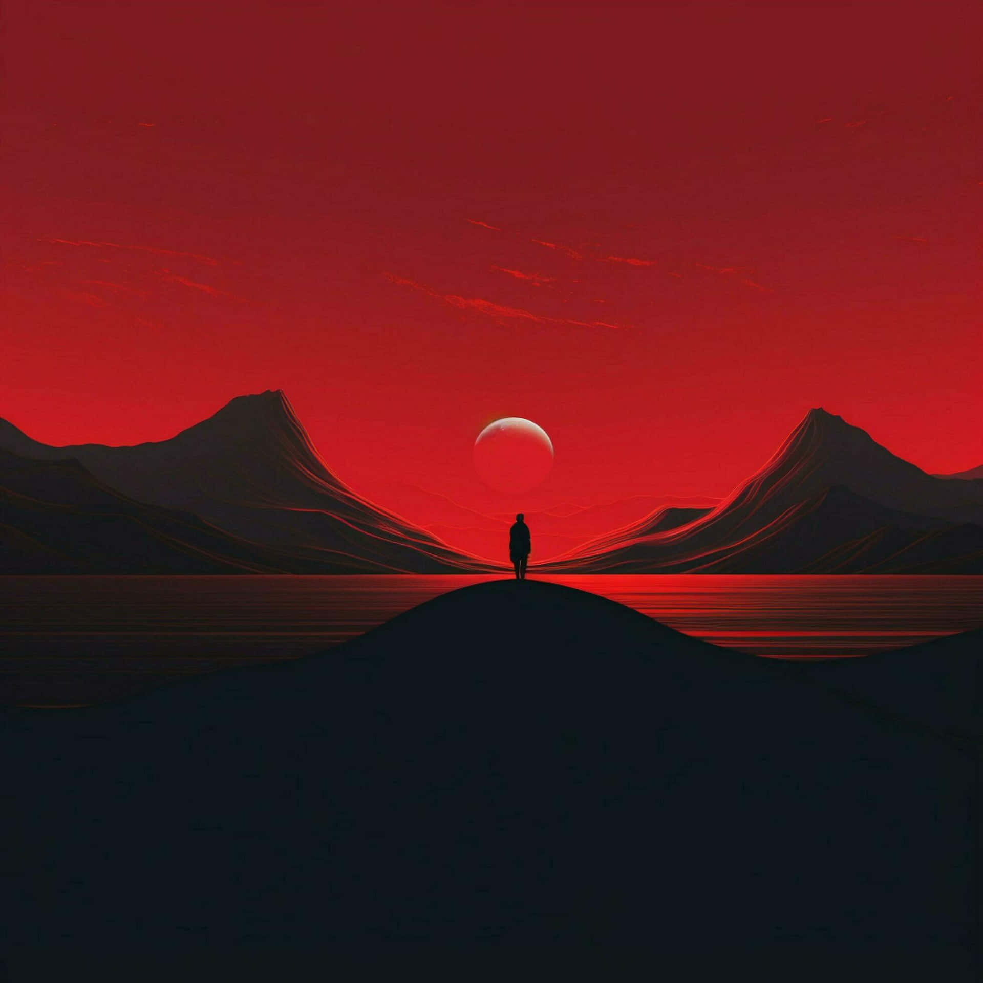 Solitary Figure Under Red Moon Wallpaper