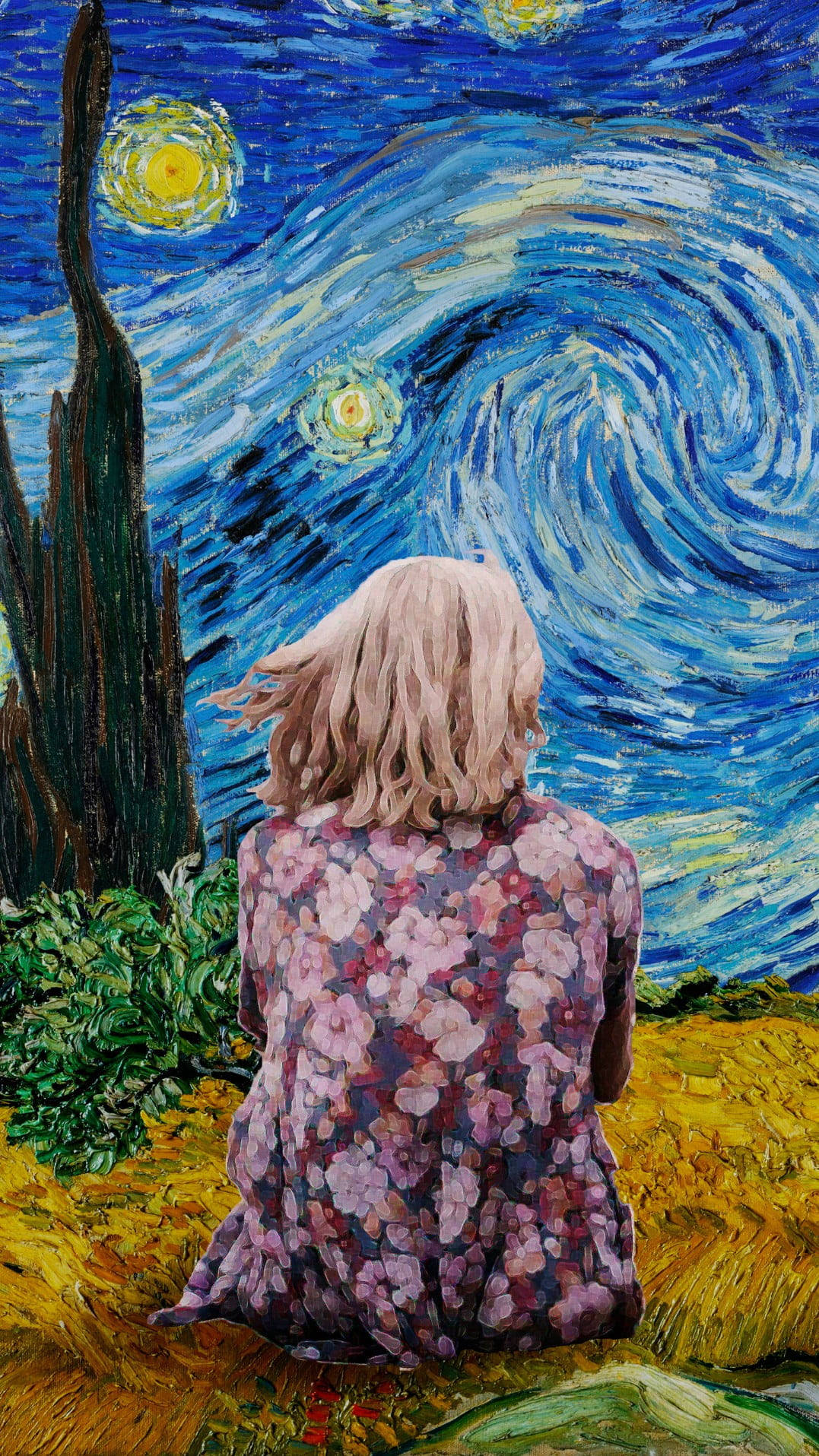 Einsamemädchen Van Gogh Sternennacht Wallpaper