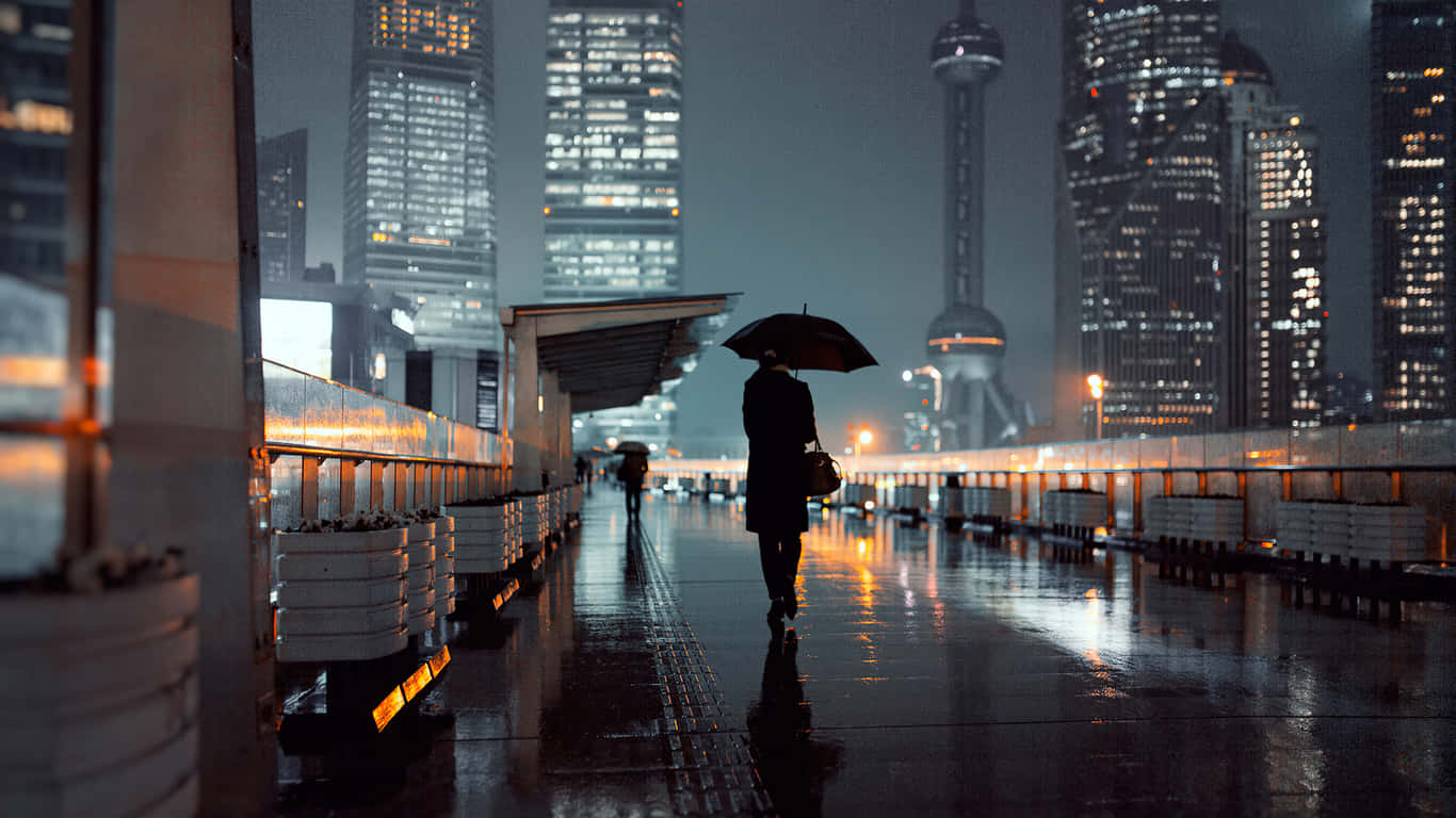 Solitary Person Holding Umbrella Wallpaper