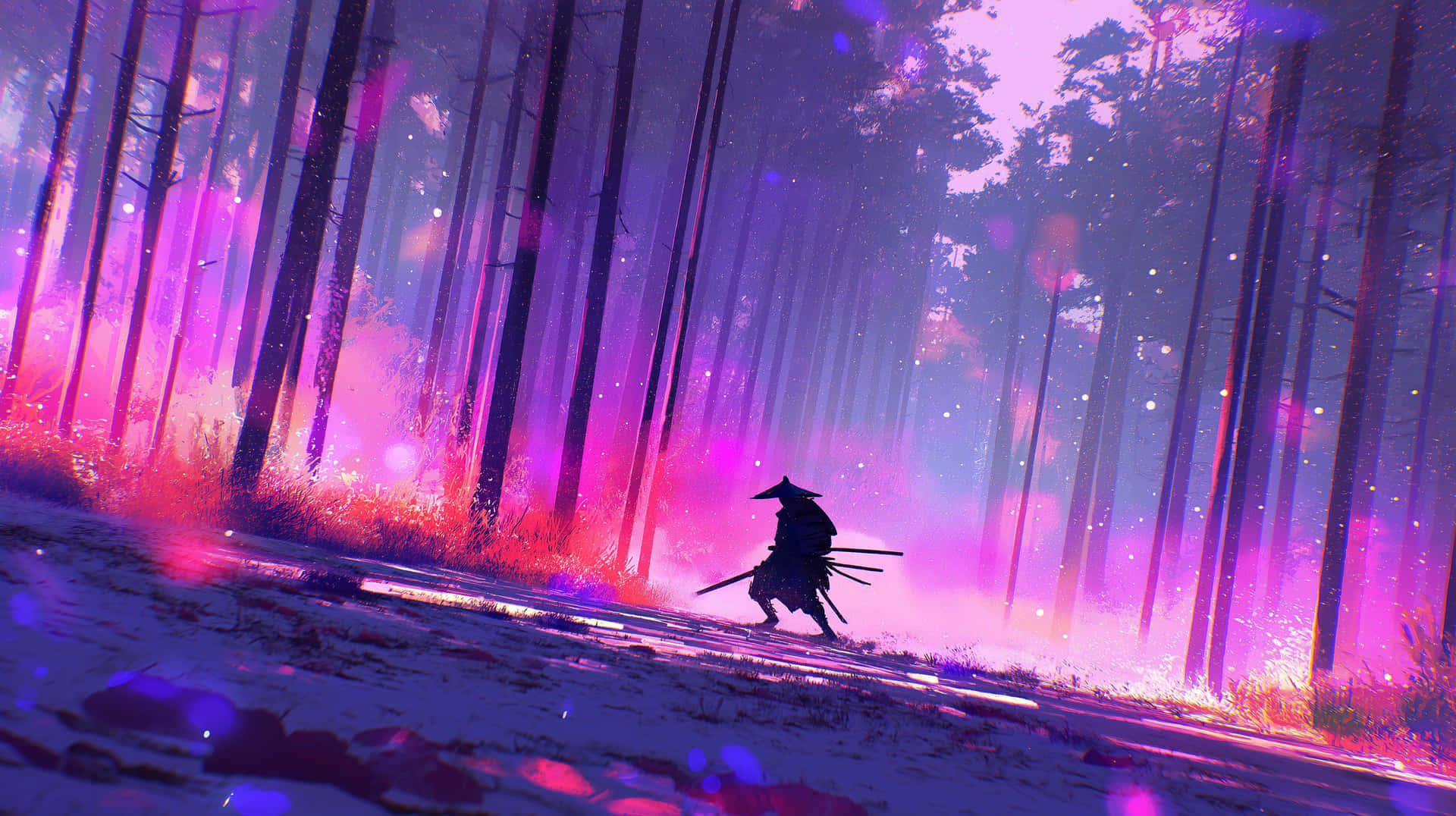 Solitary Samurai In A Vivid, Glowing Fantasy Forest Scene Wallpaper