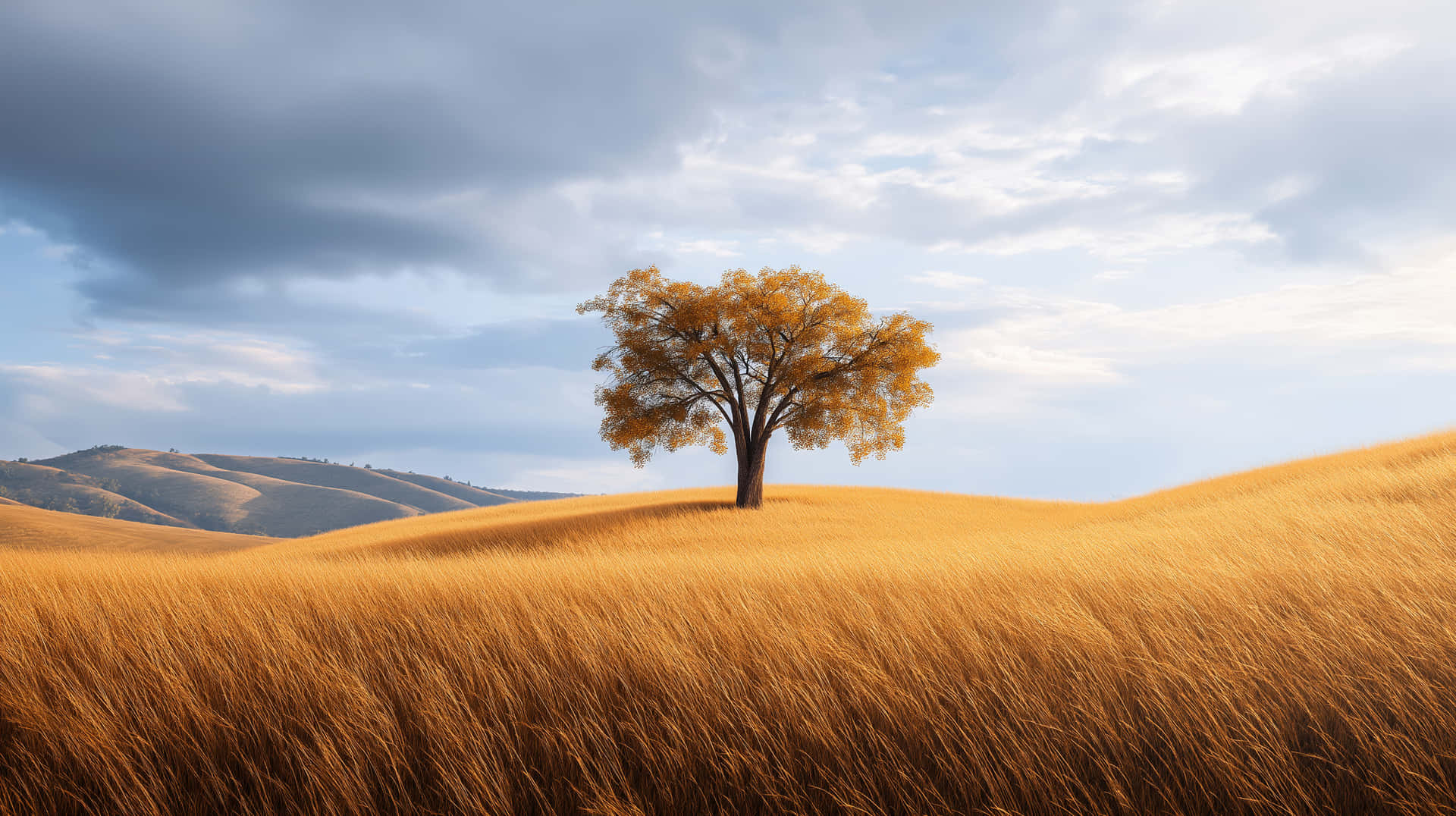 Solitary Tree On Golden Hill Under Expansive Cloudy Sky Wallpaper