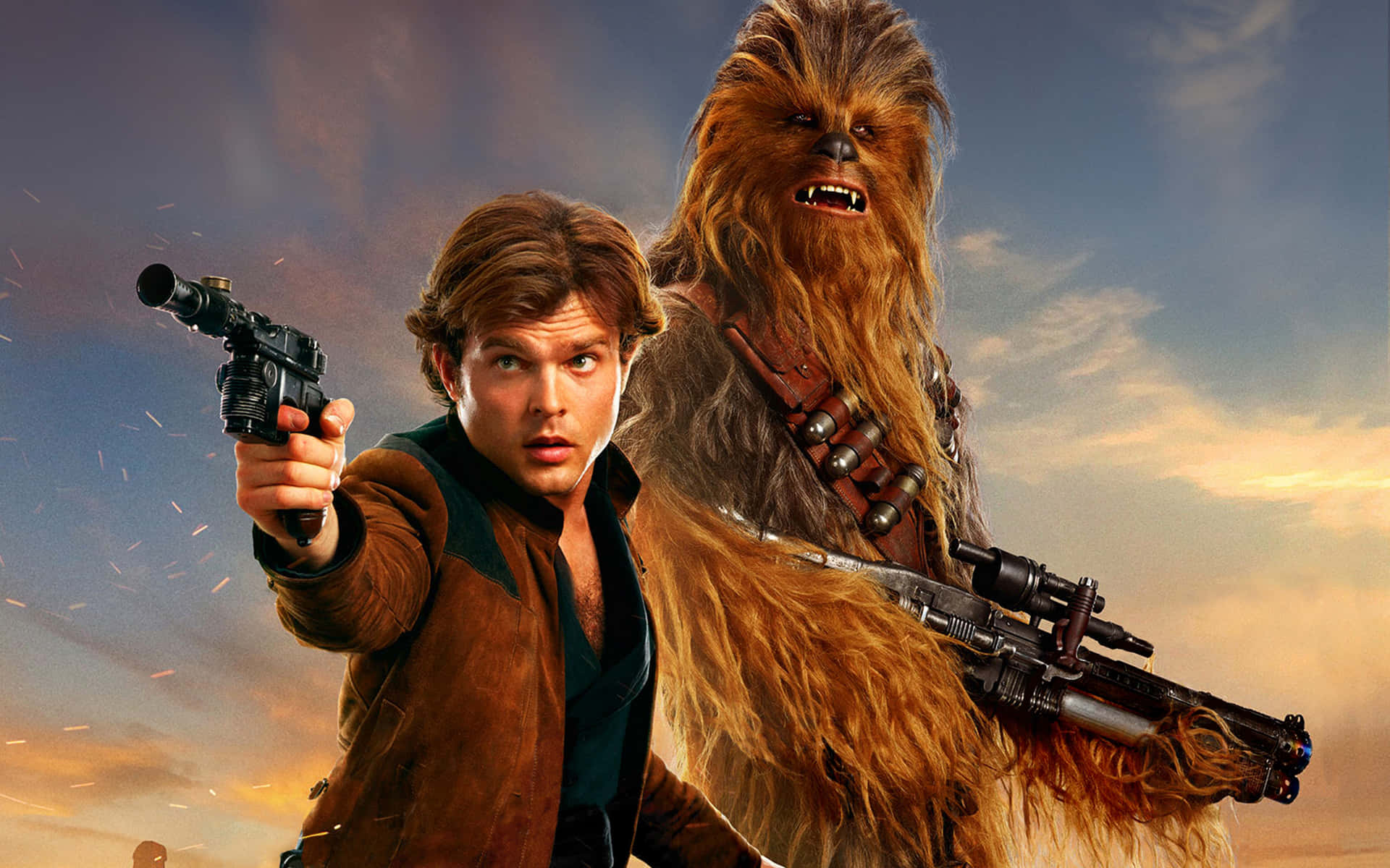 Han Solo and Chewbacca standing side by side in Solo: A Star Wars Story Wallpaper