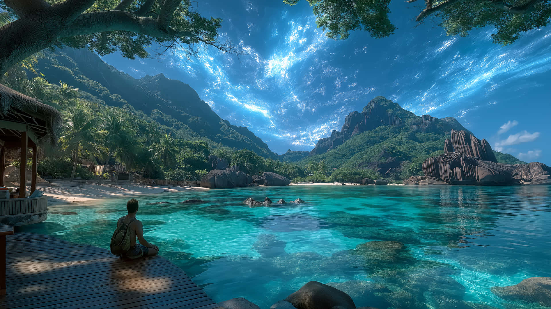 Solo Traveler Meditating On Dock In Tropical Paradise Wallpaper