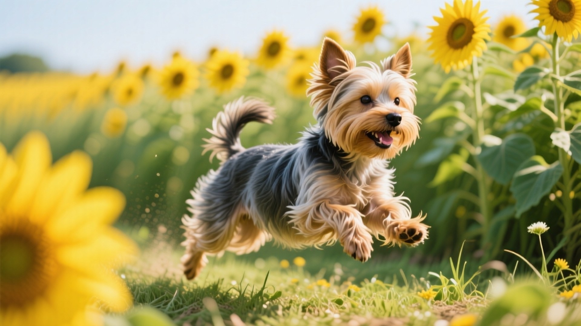 Sunflower Sprint Wallpaper — A joyful Yorkshire terrier leaps through a sunflower field on a bright sunny day.