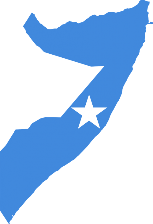 Somalia Flag Map Shape PNG — A bold blue silhouette of Somalia with a white star centered against a stark black background.