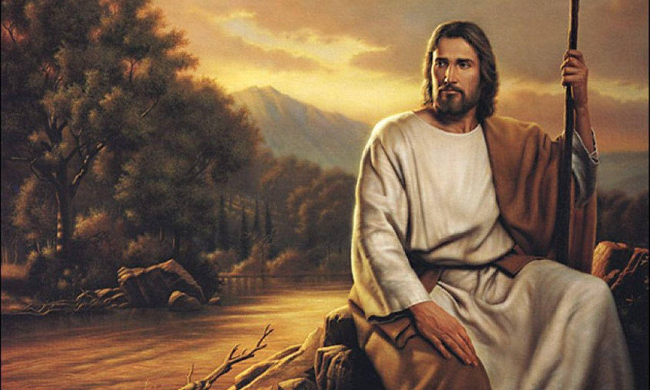 Son Of The Christian God Resting By River Background