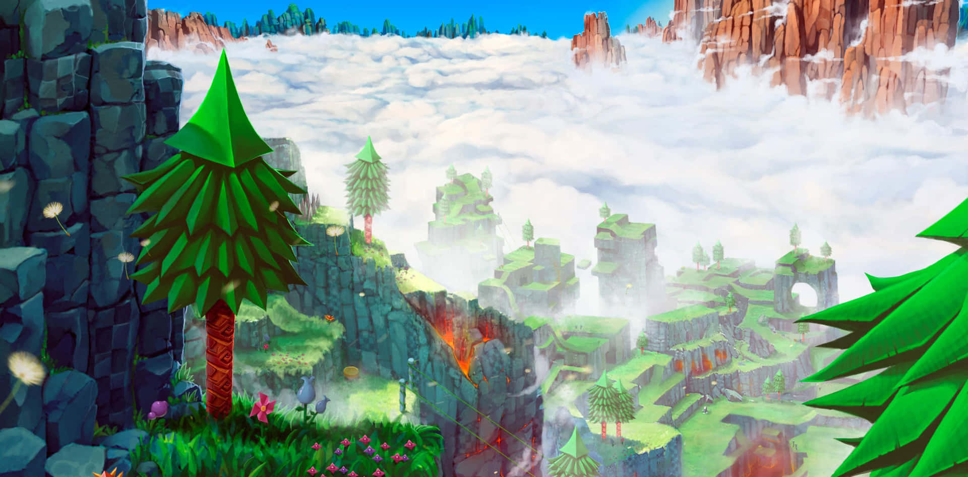 A Cartoon Of A Mountain With Trees And Clouds