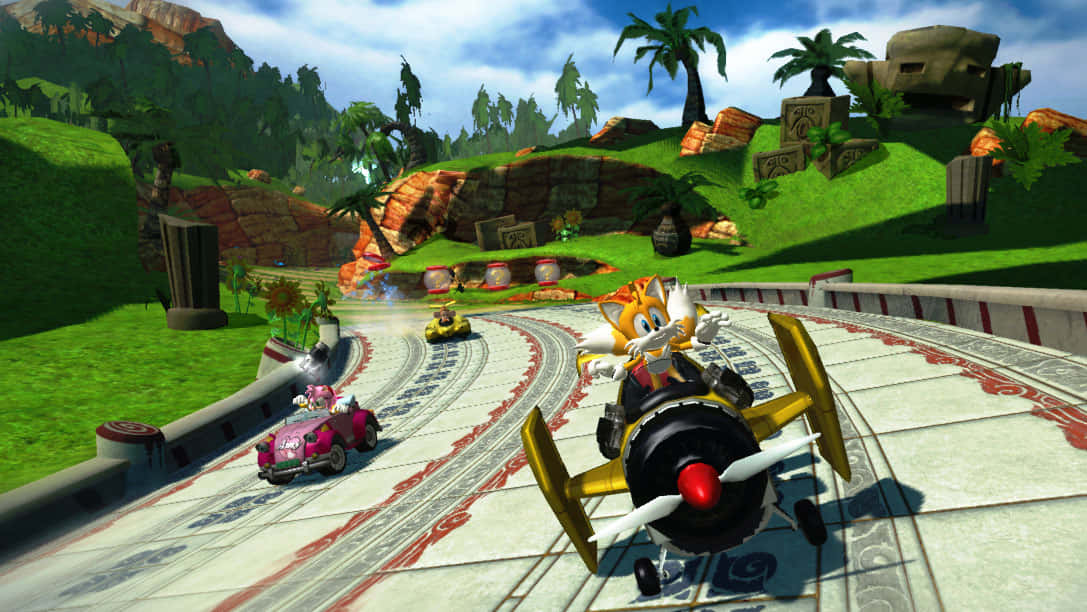 Sonic and his friends competing in an action-packed race in Sonic&All-Stars Racing Transformed Wallpaper