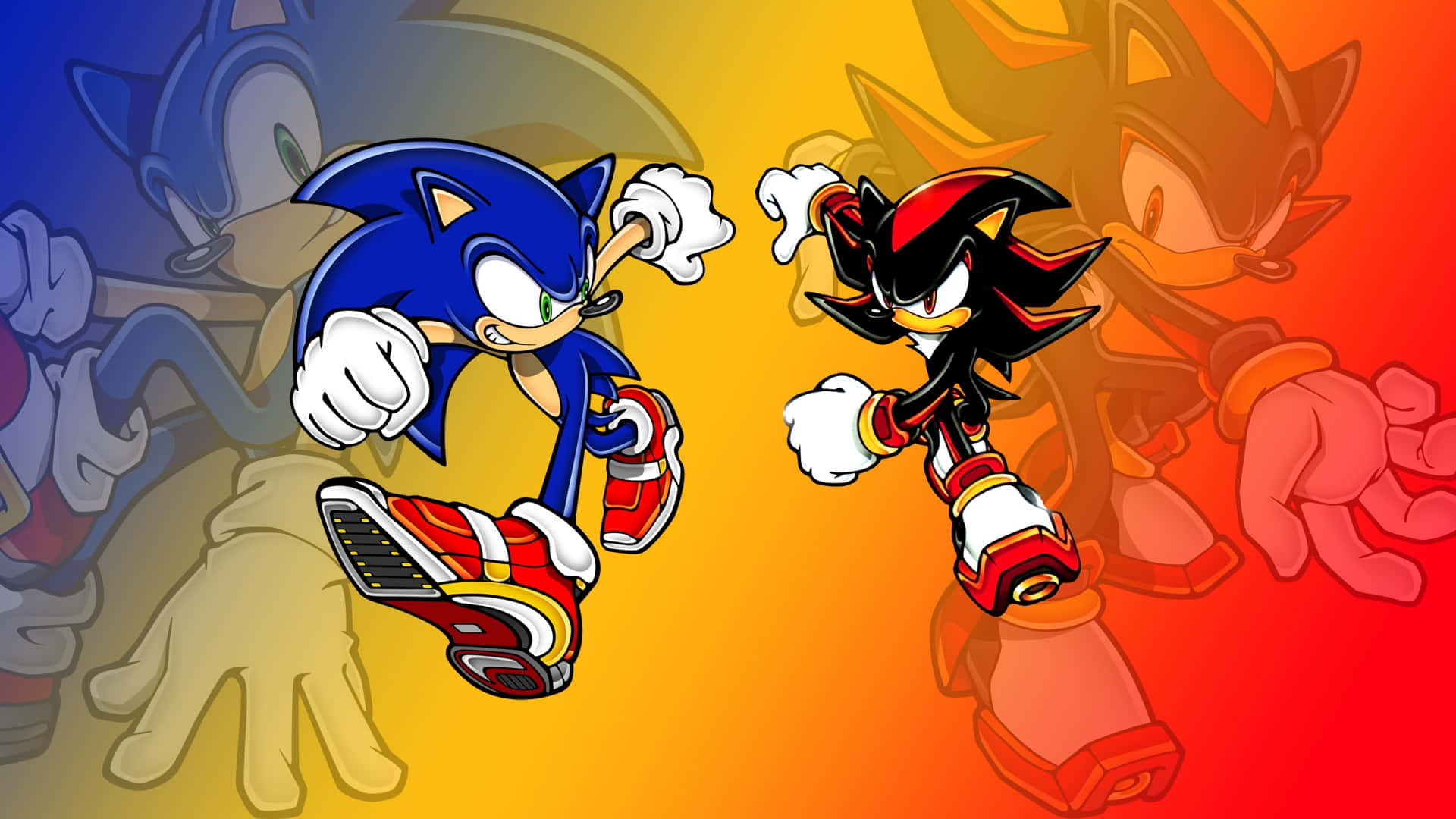 Caption: Sonic and Shadow Rivalry in Action Wallpaper