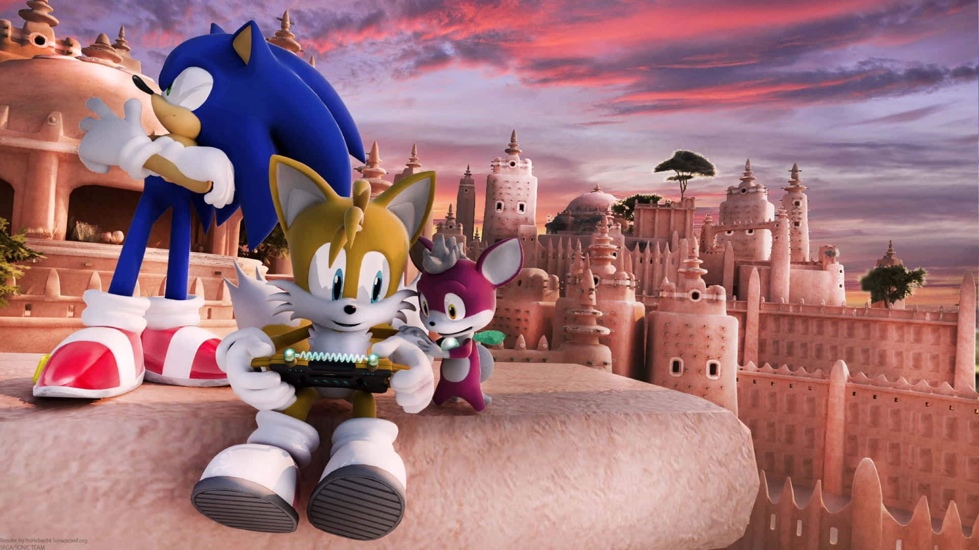 Sonic the Hedgehog and Tails zooming through a colorful and vivid landscape Wallpaper