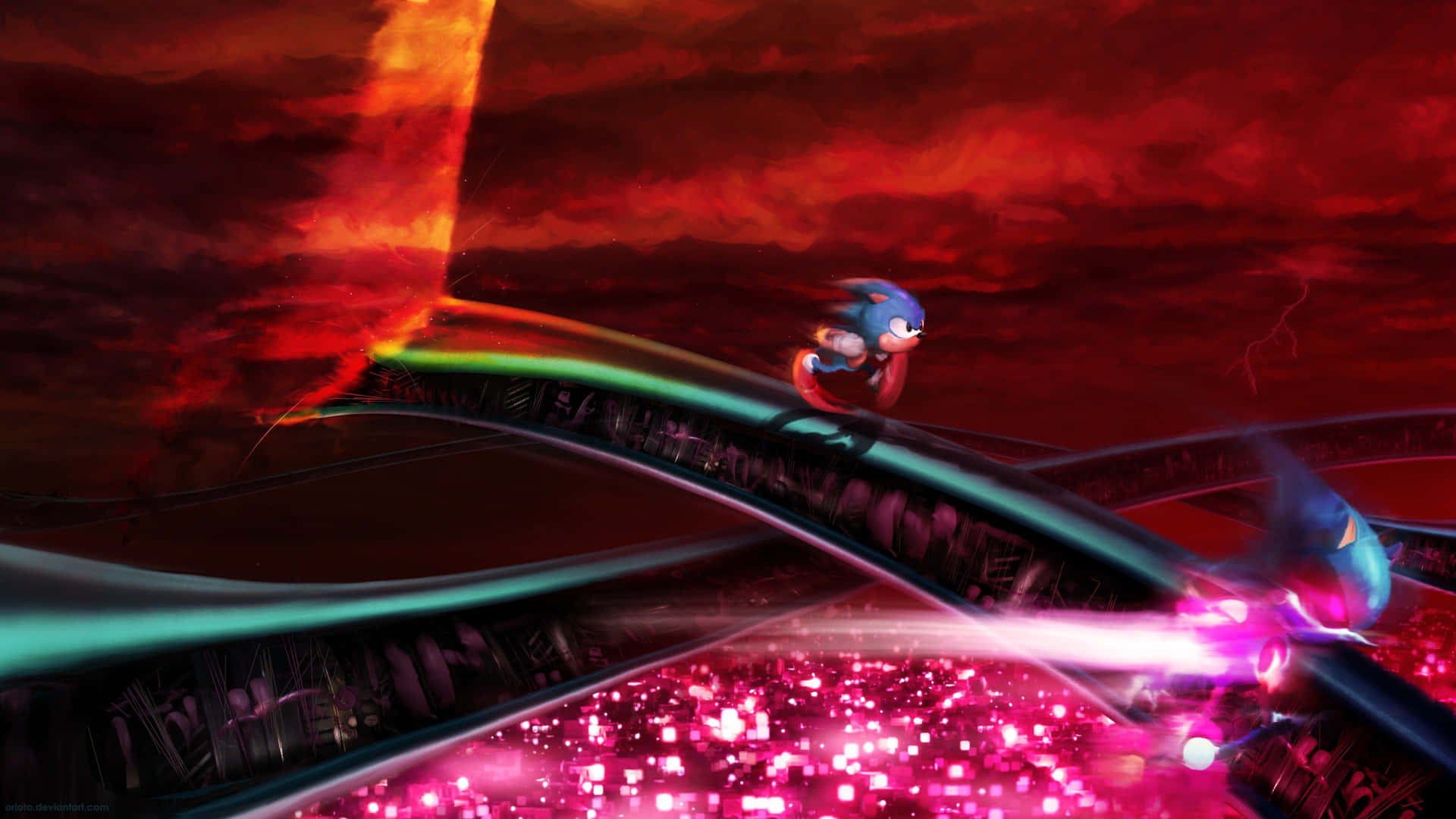 Sonicthe Hedgehog Corriendo A Toda Velocidad Por Un Nivel Vibrante En Sonic Cd. Fondo de pantalla