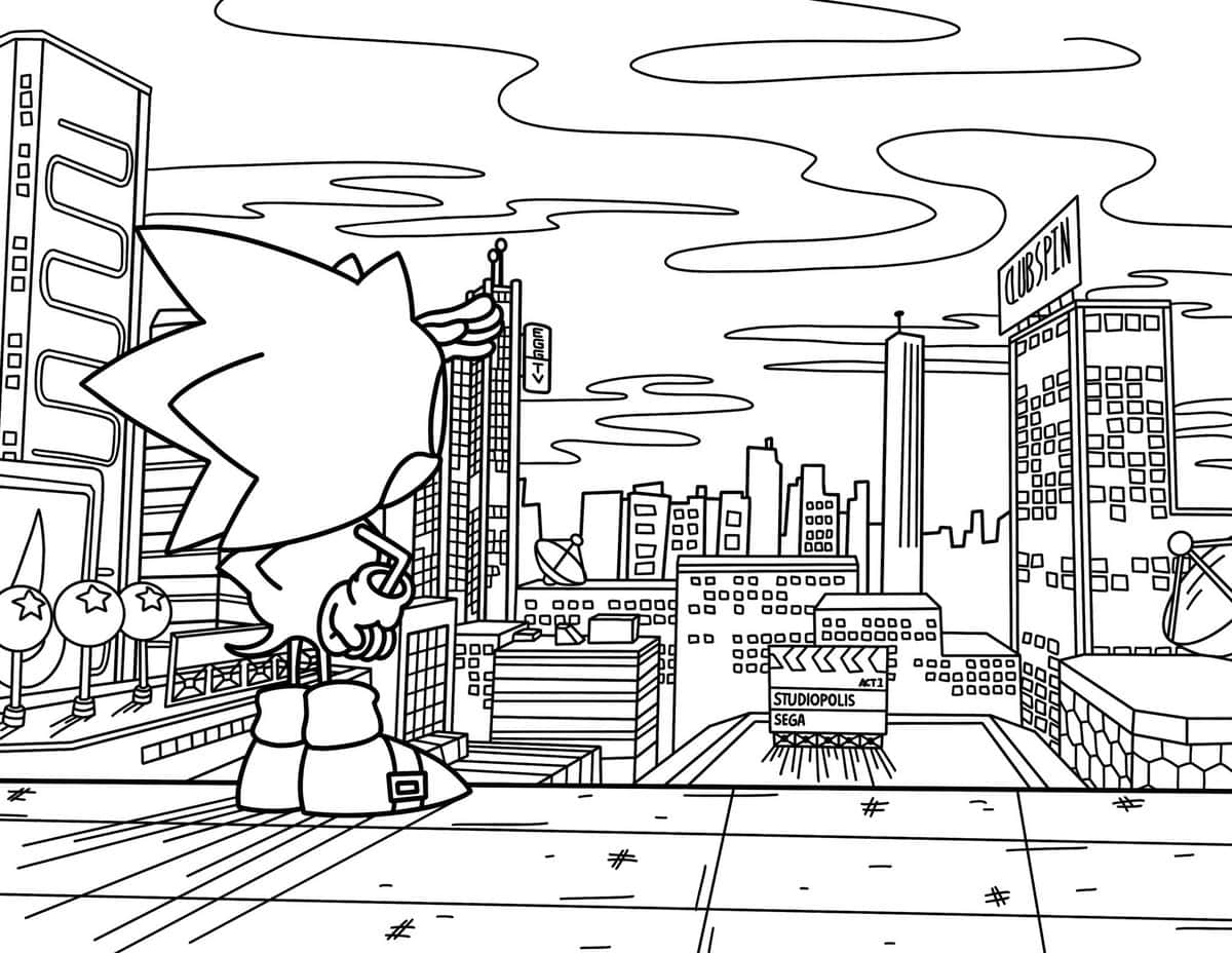 Sonicfärgläggning Sonic Tittar På Bilden Av Staden