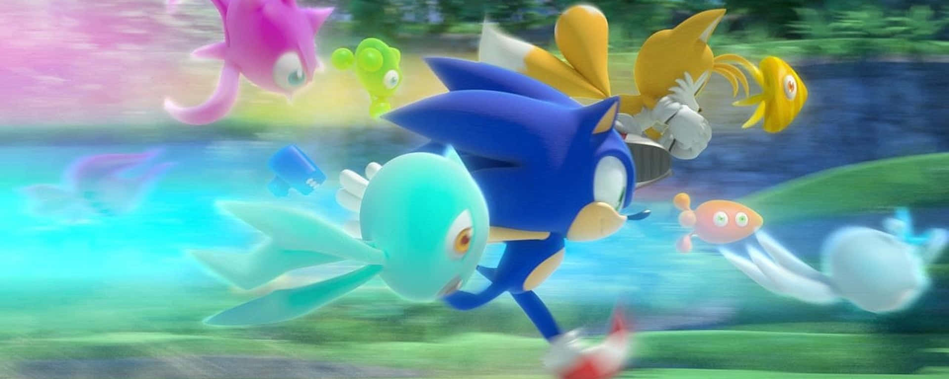 Sonic the Hedgehog og hans venner løber i græsset. Wallpaper