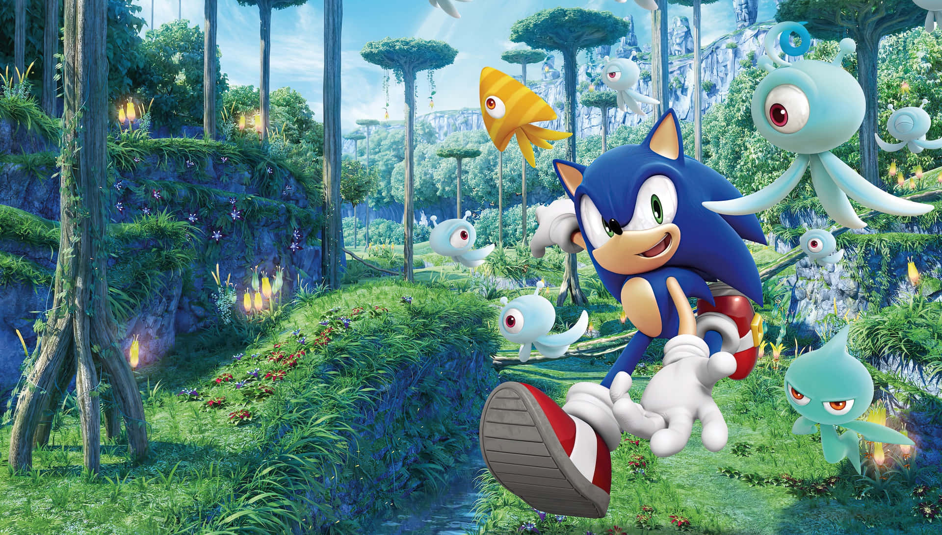 Sonic the Hedgehog sprints through a lush, green forest Wallpaper