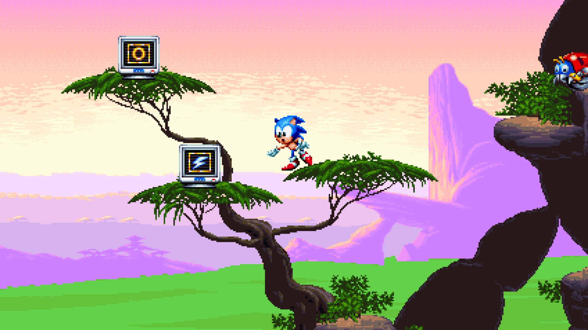 Sonic Springt Voor Power-up In Spel Scène Achtergrond