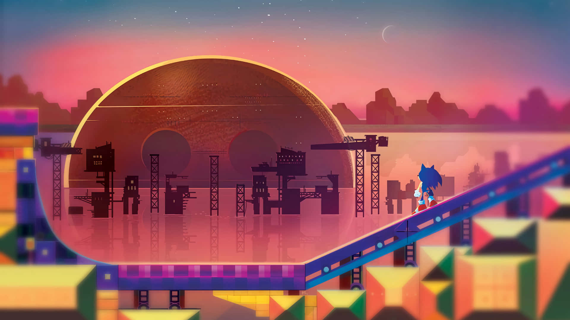 Sonic the Hedgehog dashing through the vibrant and technologically advanced Launch Base Zone. Wallpaper